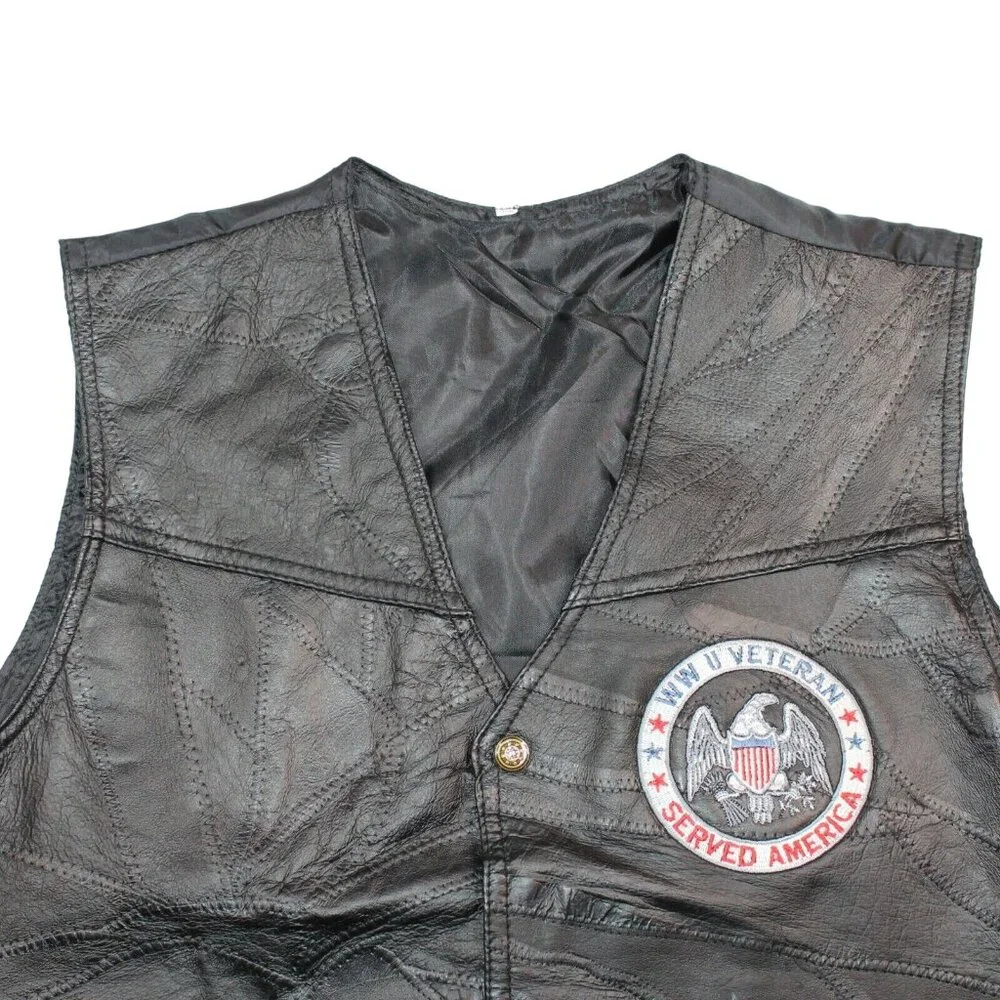 Leather Black Patchwork Motorcycle Vest WW II Embroidered Patch Veteran Military - Picture 4 of 9
